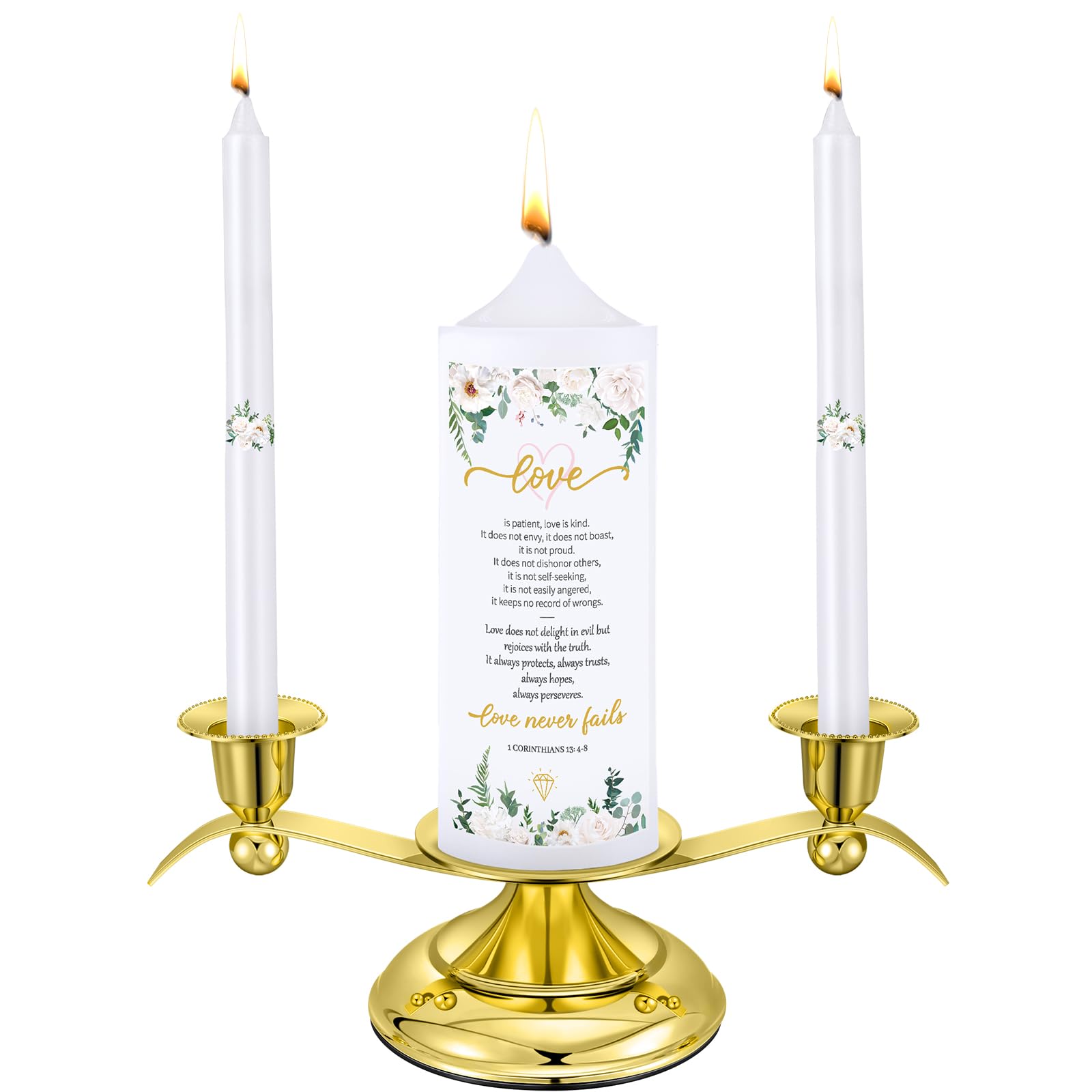 Landhoow Floral Wedding Candles Set - Golden Holder, White Pillar & Taper Candles for Catholic Ceremonies & Anniversaries