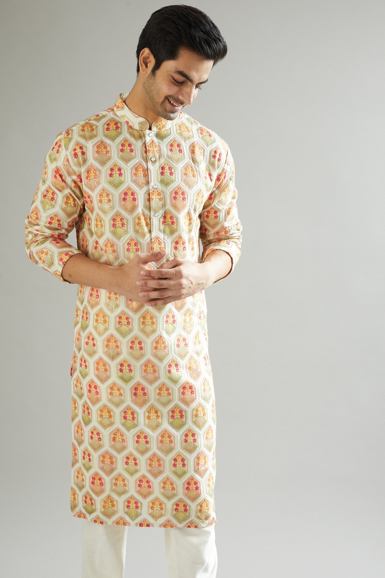 Elegant Nude Kurta with Multi-Colored Embroidery - Women's Boho Chic Embroidered Tunic Top for Casual Wear, Festivals & Special Occasions