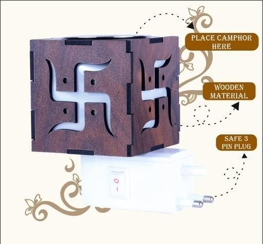 Kriviya Premium Electric Kapoor Dani - Aromatherapy Diffuser & Night Light for Home, Living Room | Camphor & Incense Holder with Wood Swastik Design | Perfect for Relaxation, Meditation & Home Decor