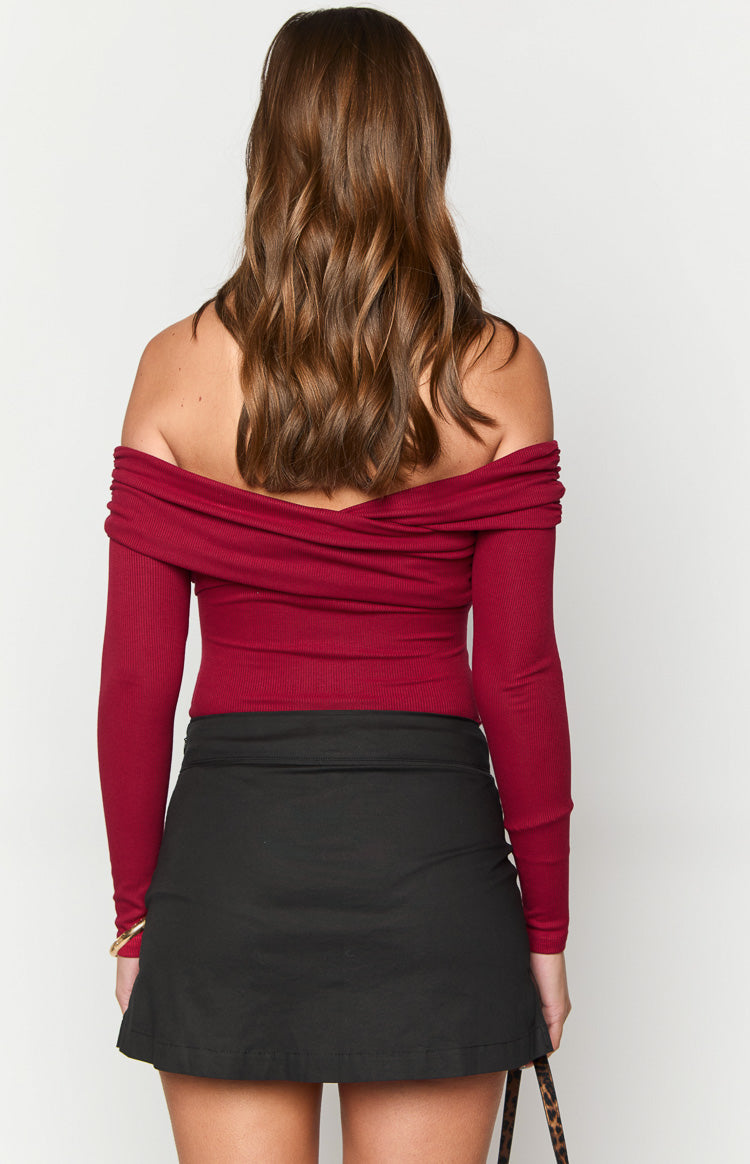 Ari Red Off Shoulder Bodysuit - Sexy Women's Stretchy Long Sleeve Tops for Date Night & Party Outfits