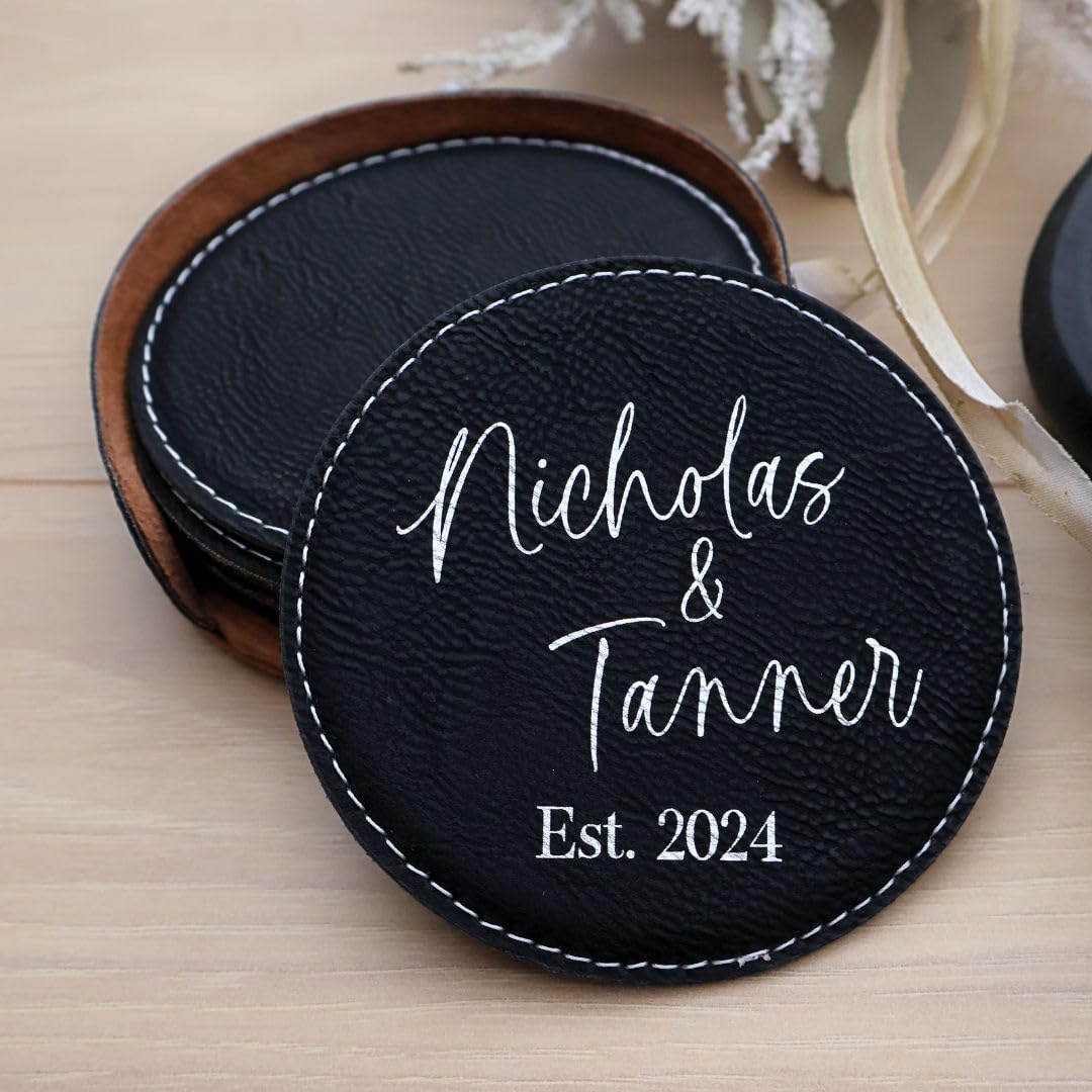 Personalized Leatherette Coasters Set of 6 - Custom Engraved Round Drink Coasters for Wedding Gifts, Bridal Shower & Housewarming - Perfect for Coffee Tables, Bars & Home Decor