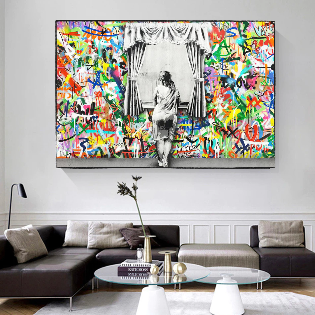 Banksy Freedom Curtains Lady Canvas Wall Art Print - Street Art Home Decor for Living Room, Bedroom & Office - Modern Urban Wall Hanging for Art Lovers