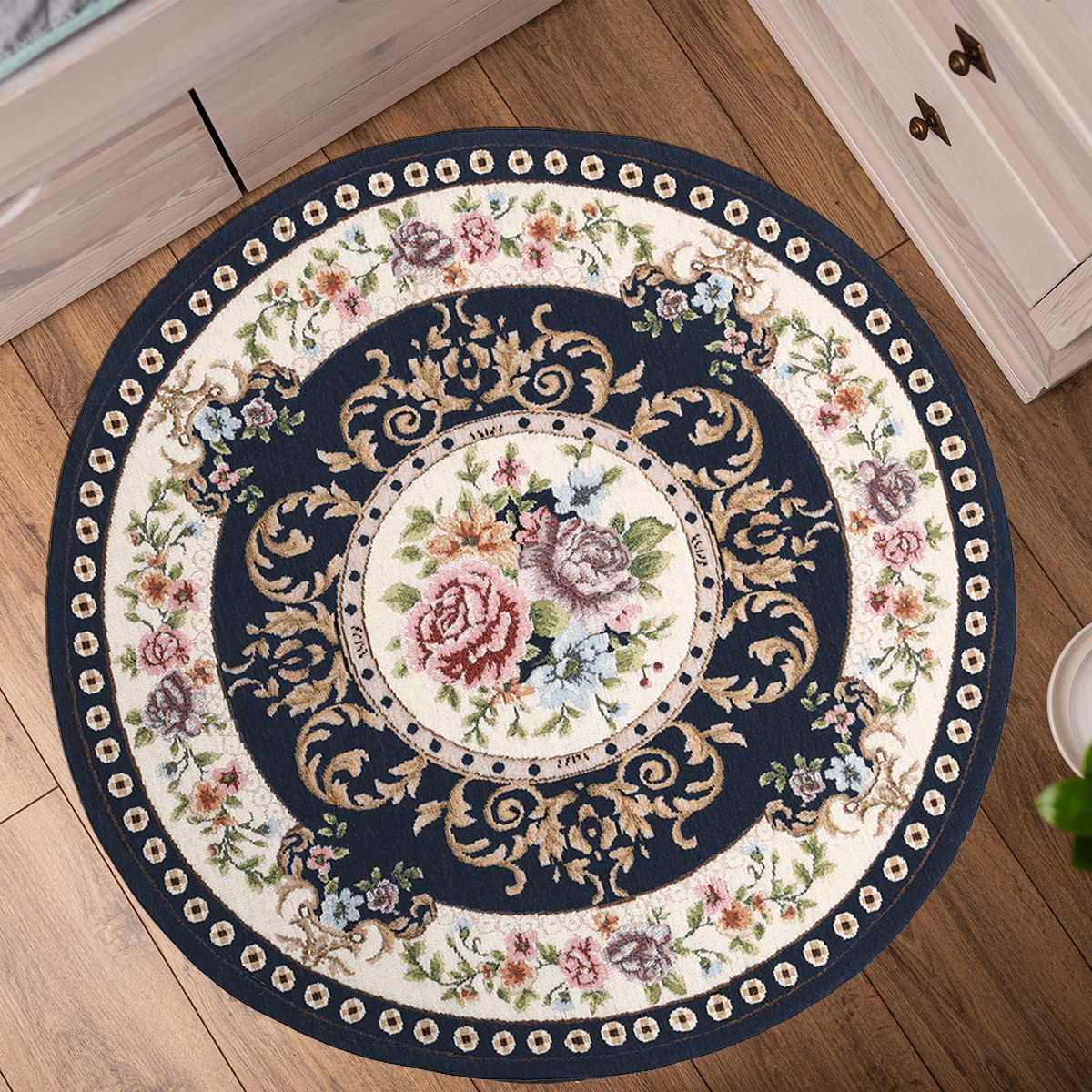3.3ft Floral Round Non-Slip Area Rug - Machine Washable Classic Design for Living Room, Kitchen & Bedroom - Sustainable Traditional Dark Blue Carpet - Perfect for Home Decor & High Traffic Areas