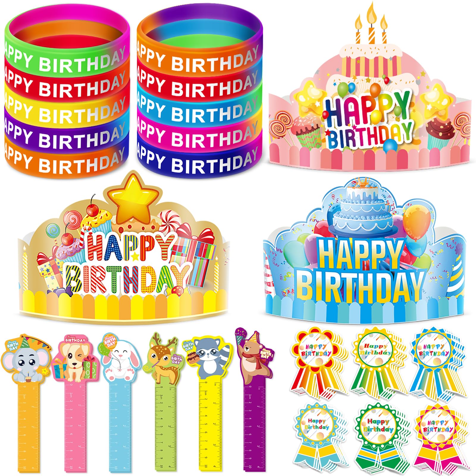 120 Pcs Happy Birthday Party Kit for Kids - Birthday Crowns, Bookmark Rulers, Silicone Bracelets, Badge Stickers & Party Hats - Perfect for Classroom Celebrations, School Parties & Teacher Supplies