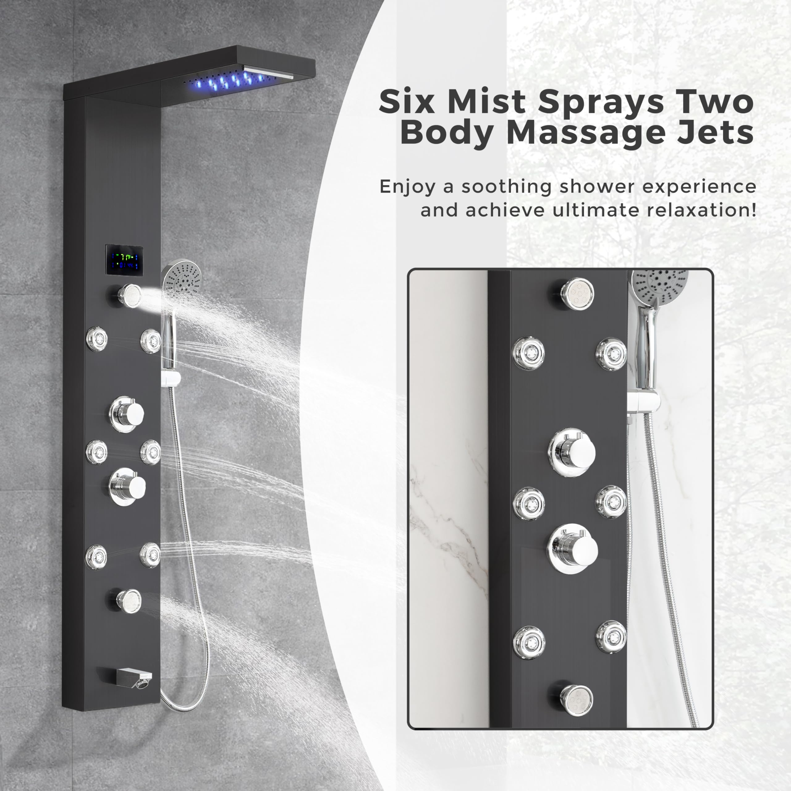 DELAVIN LED Shower Panel - Stainless Steel Shower Tower System with Temperature Display | 5-Function Rainfall, Waterfall, Massage Body Jets, Tub Spout & Handheld Showerhead | Brushed Black Finish for Modern Bathroom Luxury & Spa Experience