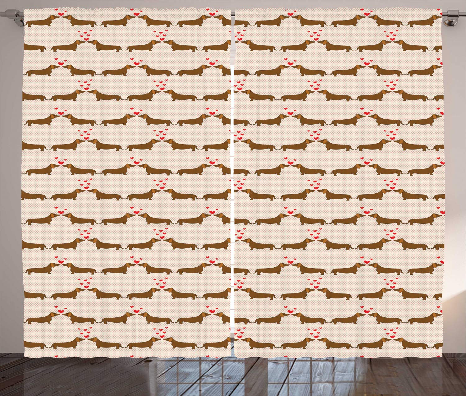 Ambesonne Dachshund Curtains - Cartoon Sausage Dogs in Love on Polka Dot Background, 2 Panel Window Drapes for Living Room & Bedroom, 108x96 Inches, Chocolate Vermilion - Perfect for Pet Lovers & Cozy Home Decor