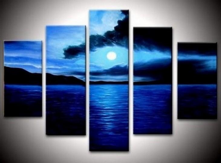 Large Abstract Canvas Art Painting - Moon Rising from Sea - 5 Piece Wall Decor Set - Ready to Hang for Bedroom, Living Room & Office