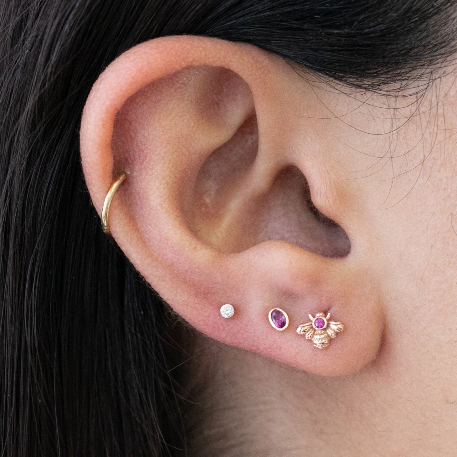 14K Yellow Gold Pink Ruby Bee Stud Earrings - Dainty Floral Jewelry for Women, Perfect for Everyday Wear, Gifts & Special Occasions