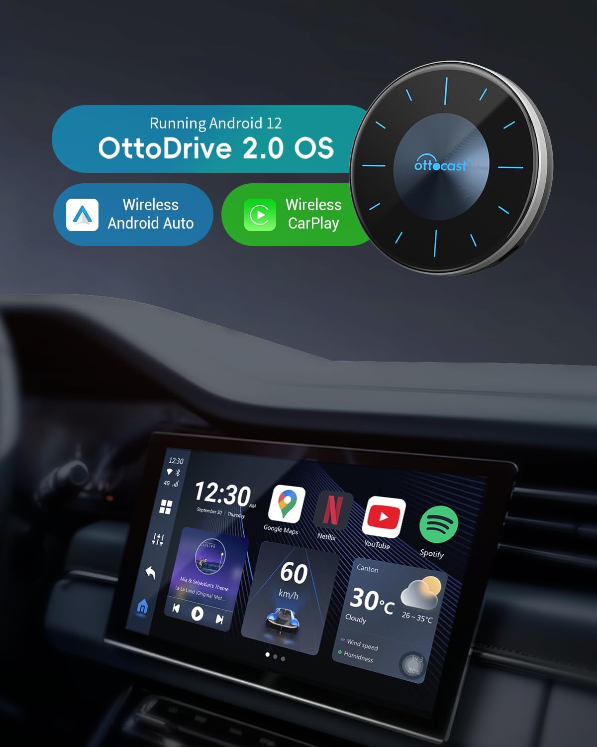 OTTOCAST P3 OttoAiBox - 2024 Android 12 CarPlay AI Box | Wireless CarPlay & Android Auto Adapter | 8GB RAM 128GB Storage | HDMI Output & GPS | Stream YouTube, Netflix, TikTok | Perfect for Road Trips & Commuting