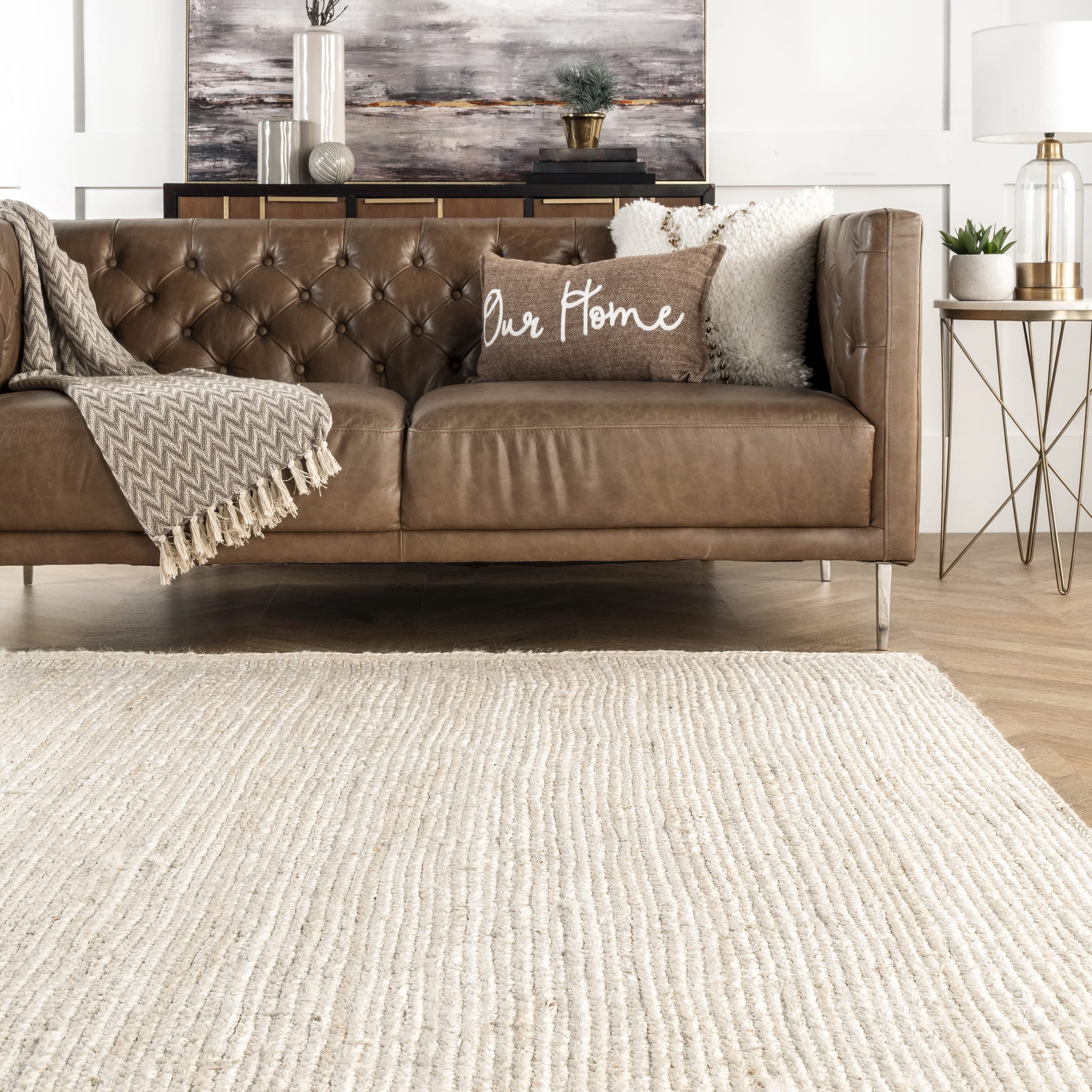nuLOOM 5x8 Rigo Jute Hand Woven Natural Fiber Area Rug - Off White Solid Farmhouse Design for Bedroom, Living Room, Dining Room, Hallway, Office, Kitchen & Entryway | Eco-Friendly Home Decor & Cozy Floor Covering