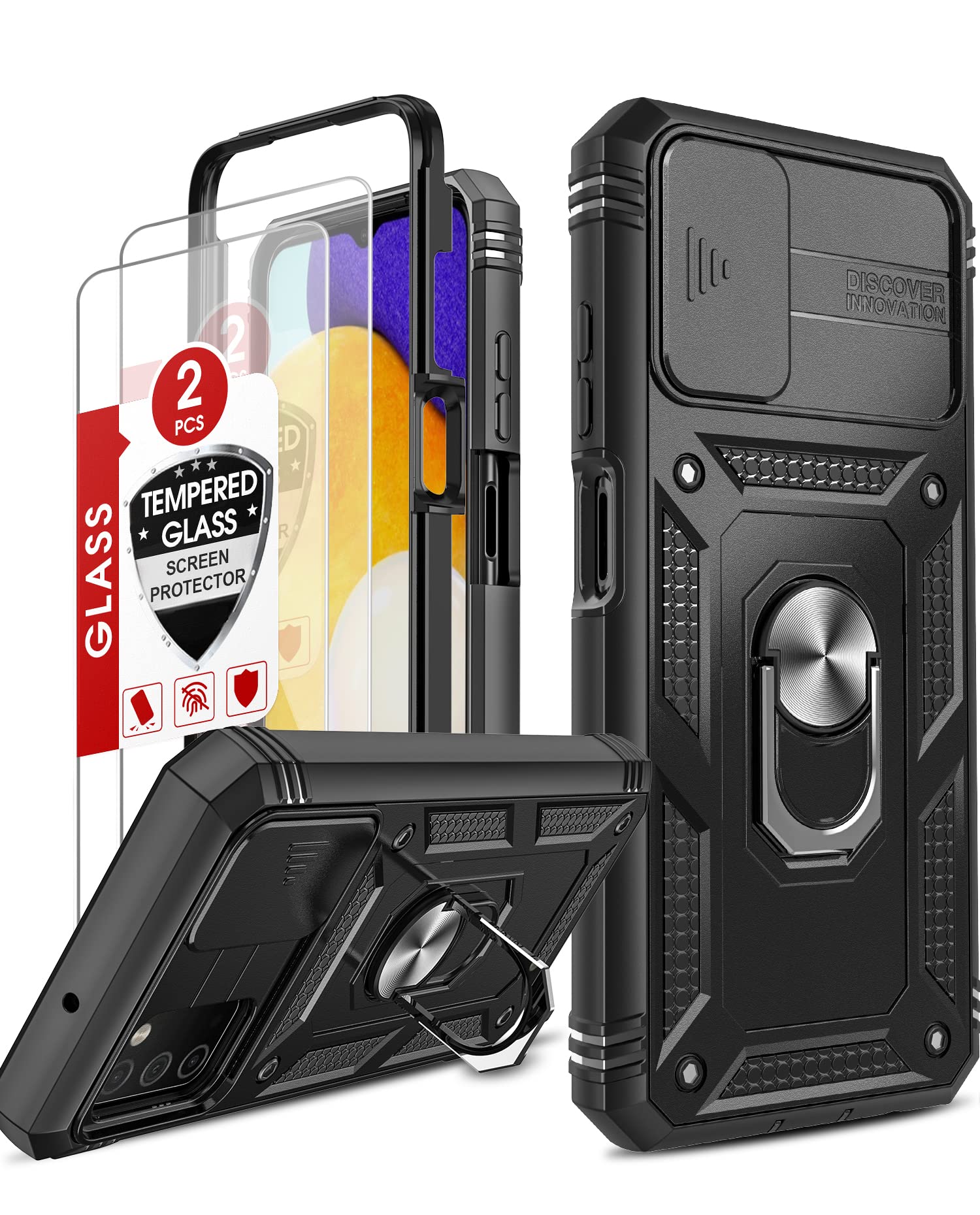LeYi Samsung Galaxy A03s Phone Case with Slide Camera Cover - 360° Full Body Military-Grade Protection + 2 Pack Screen Protectors & Kickstand (Black) | Perfect for Outdoor Activities, Work & Daily Use