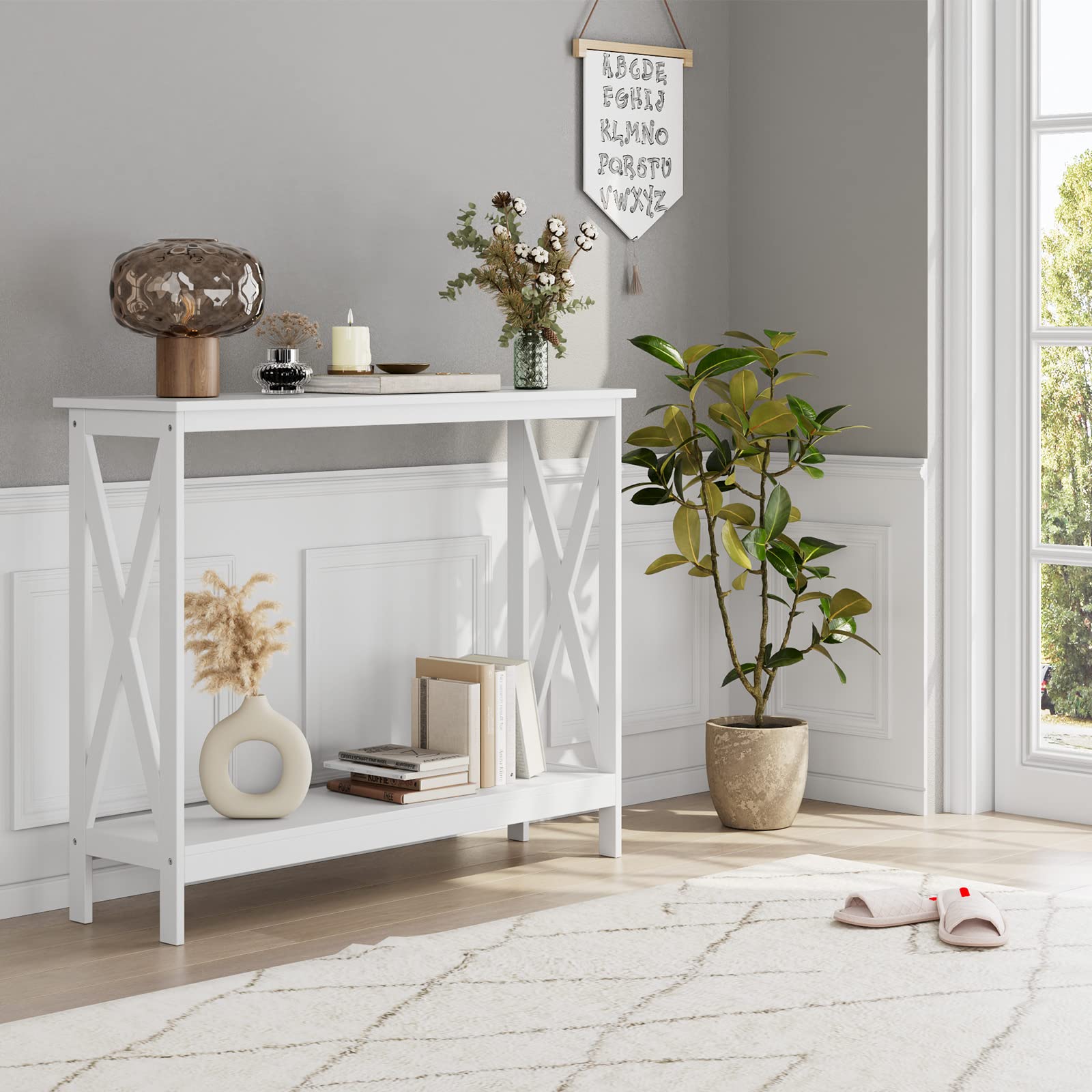 White 2-Tier Console Sofa Table for Entryway & Living Room - Sturdy Engineered Wood, Easy Assembly - Perfect for Small Spaces, Hallway Decor & Storage