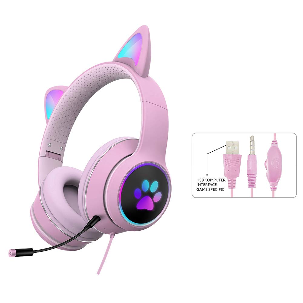 HONUTIGE Cat Ear Gaming Headset with RGB LED Lights, Built-in Microphone & Stereo Sound - Over-Ear Headphones for PC, PS4, Xbox, Nintendo Switch - Perfect for Streaming, Gaming & Virtual Meetings