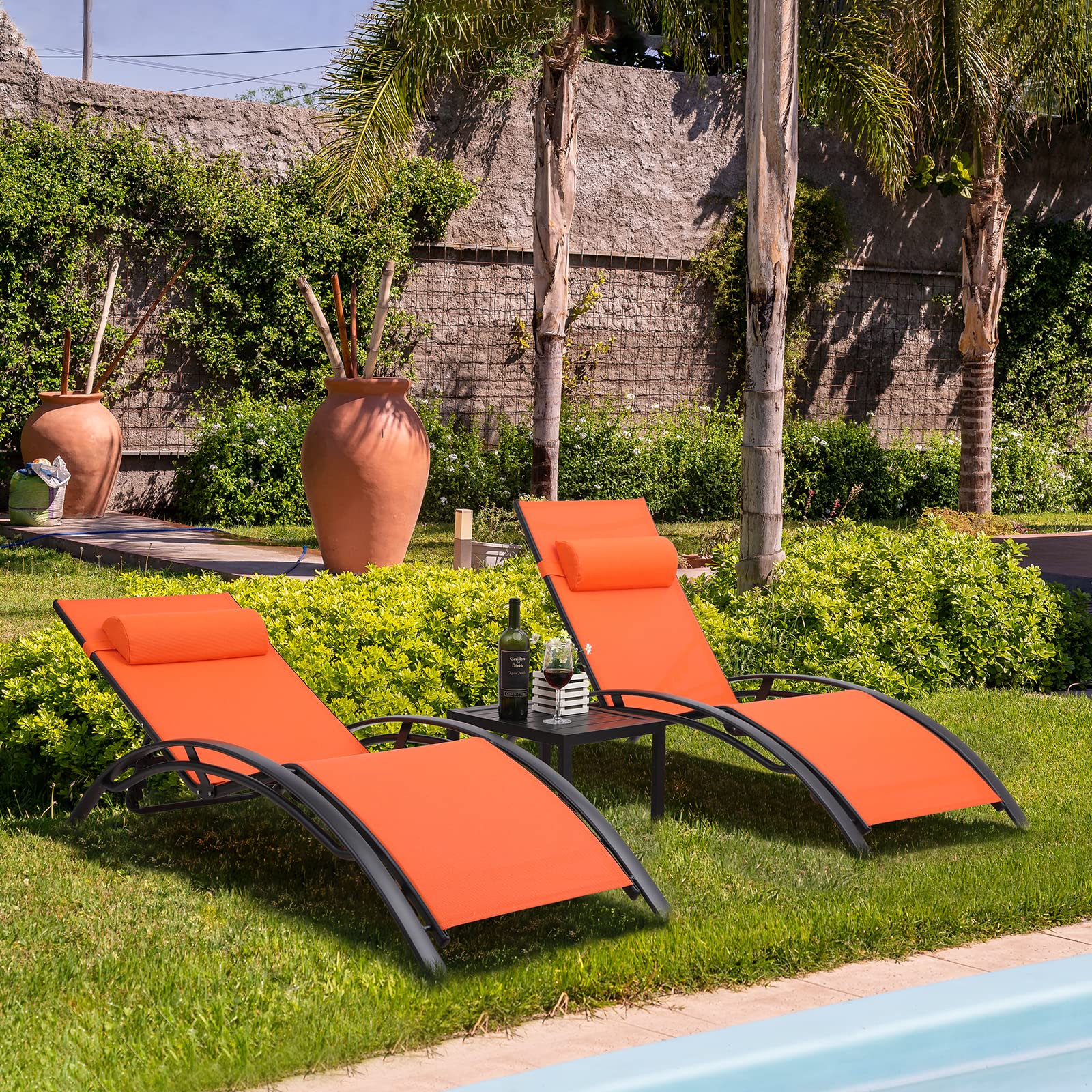 **AthLike 3-Piece Pool Chair Set with Headrest – 5-Level Adjustable Patio Chaise Lounge for Sunbathing, Tanning – Outdoor Beach & Poolside Recliner Chairs with Side Table (Orange) – Perfect for Backyard, Resort, or Vacation Relaxation**