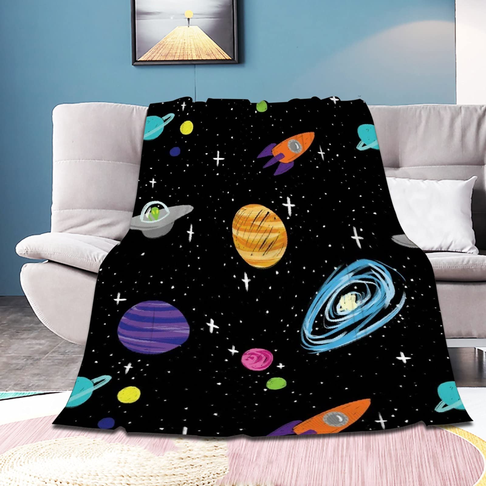 Atthadassi Cute Little Cosmic Satellite Blanket - Super Soft Flannel Throw Blanket for Bed, Sofa & Living Room - Cozy Blanket for Boys, Girls, Kids & Pets - 40x30 Inches Multicolor - Perfect for Nap Time, Movie Nights & Cuddling
