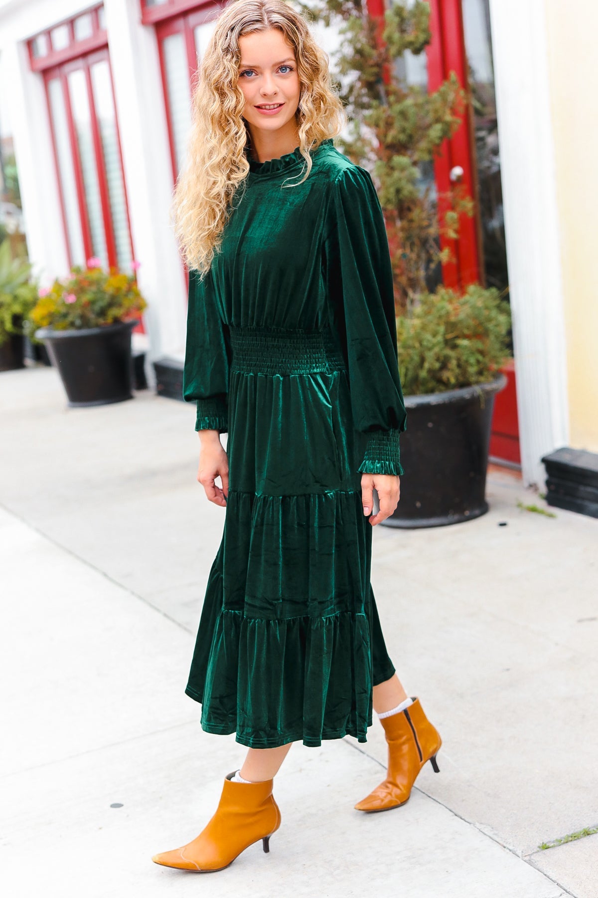Holiday Dreaming Hunter Green Velvet Mock Neck Smocked Waist Dress for Women - Elegant Holiday Party & Christmas Dinner Outfit