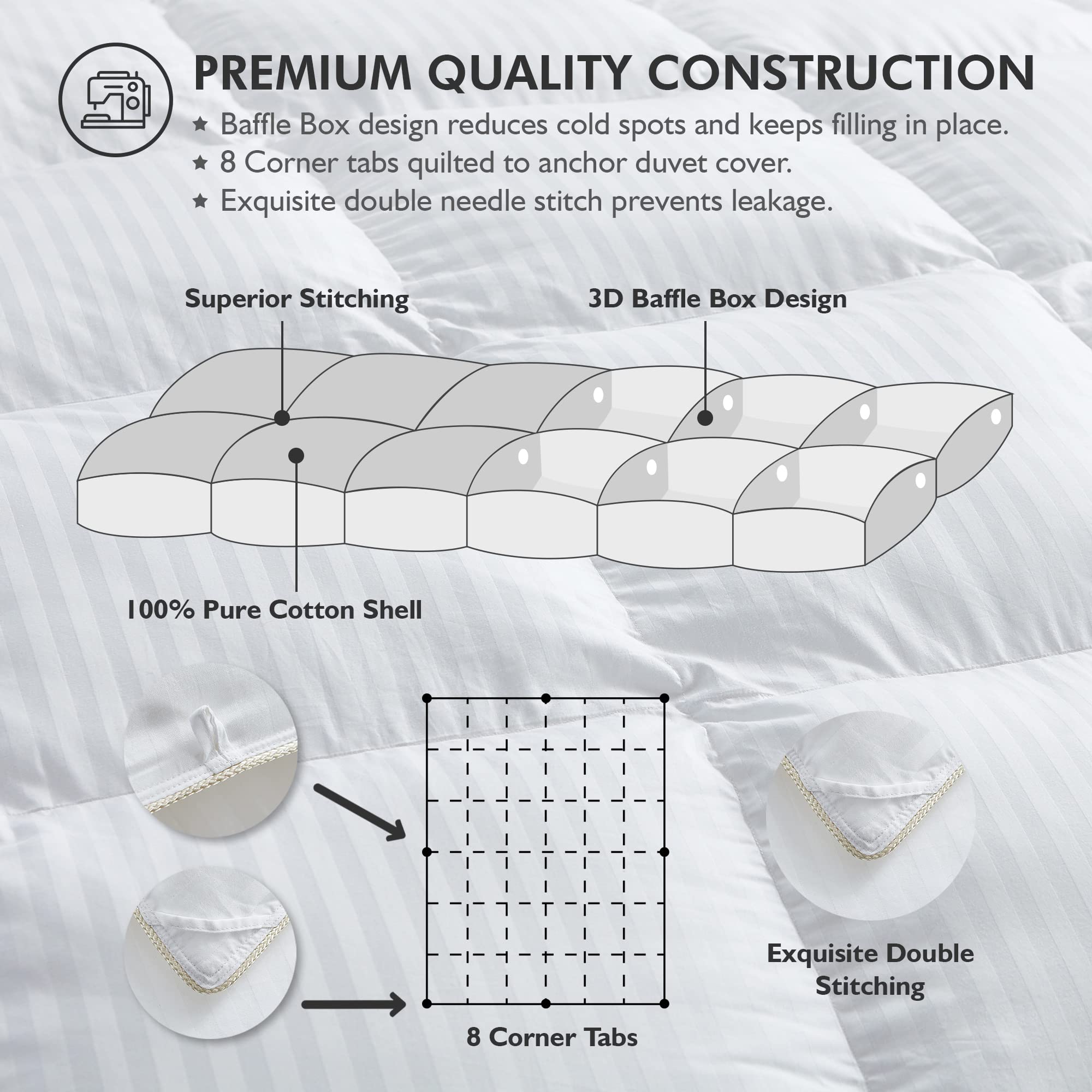 Luxurious Queen Size Goose Down Feather Comforter - 100% Egyptian Cotton Cover, 60 oz Fill Weight - Hypoallergenic & Breathable - Perfect for All Seasons (White Stripe) - Ideal for Master Bedrooms, Guest Rooms & Cozy Winter Nights