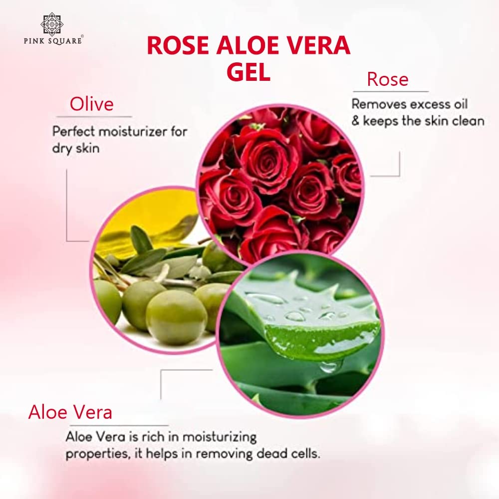 Pink Square Rose Aloe Vera Face Gel - 3 Pack (300g Total) for Daily Skincare, Reduces Dark Spots & Acne, Promotes Clear Skin | Perfect for Morning/Night Routine & Post-Sun Care