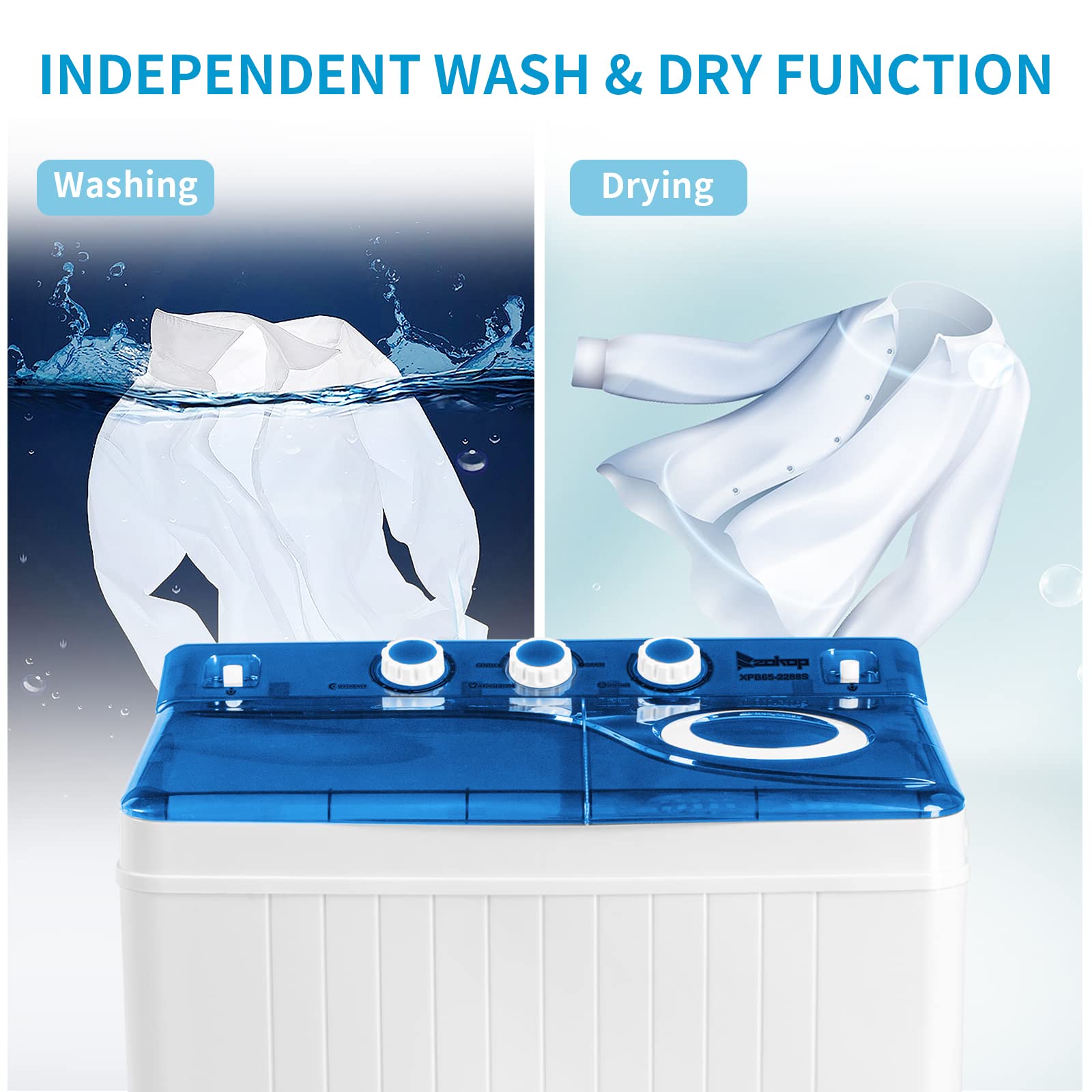 LEADZM 26LBS Portable Washing Machine - Compact Twin Tub Washer (18LBS) & Spinner (8LBS) with Drain Pump - Mini Laundry Combo for Small Spaces - Perfect for Dorms, Apartments, RVs & Camping (White & Blue) - Ideal for Travel, Tiny Homes & Off-Grid Living