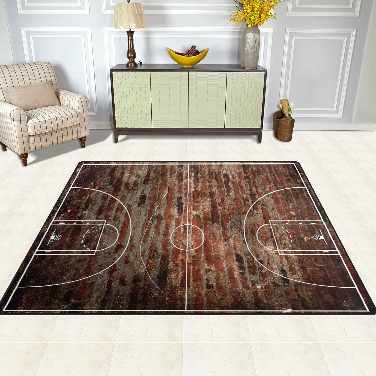 ALAZA 7' x 5' Basketball Court Design Grungy Brick Area Rug - Non-Slip Indoor Outdoor Rug for Living Room, Bedroom, Game Room | Perfect for Sports Fans & Home Decor