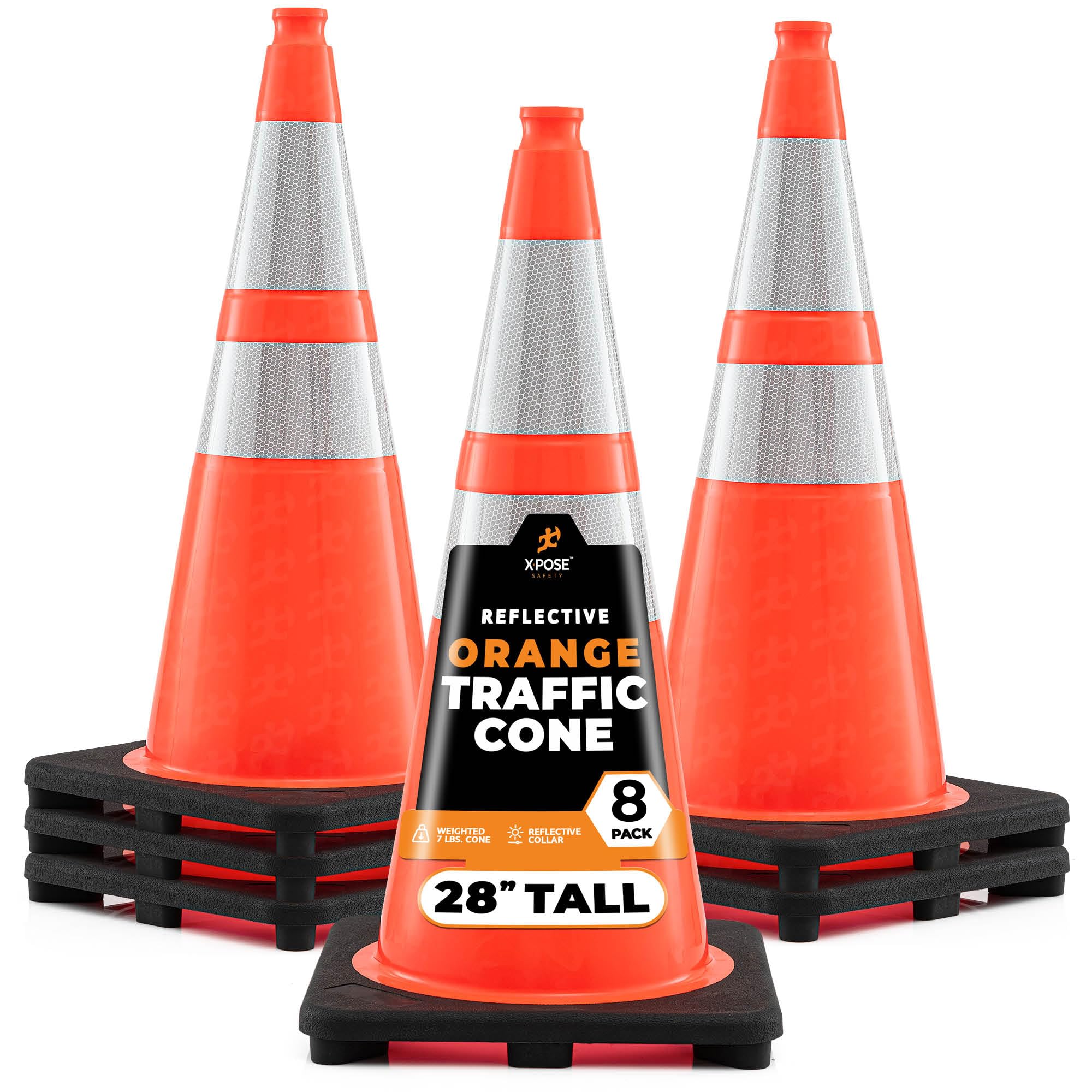 8-Pack 28 Inch Orange PVC Traffic Cones with 6