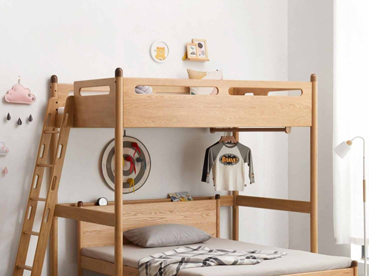 Solid Oak Wood Loft Bed with Storage Cabinet - Space-Saving Furniture for Small Rooms, Kids Bedroom & Dormitory