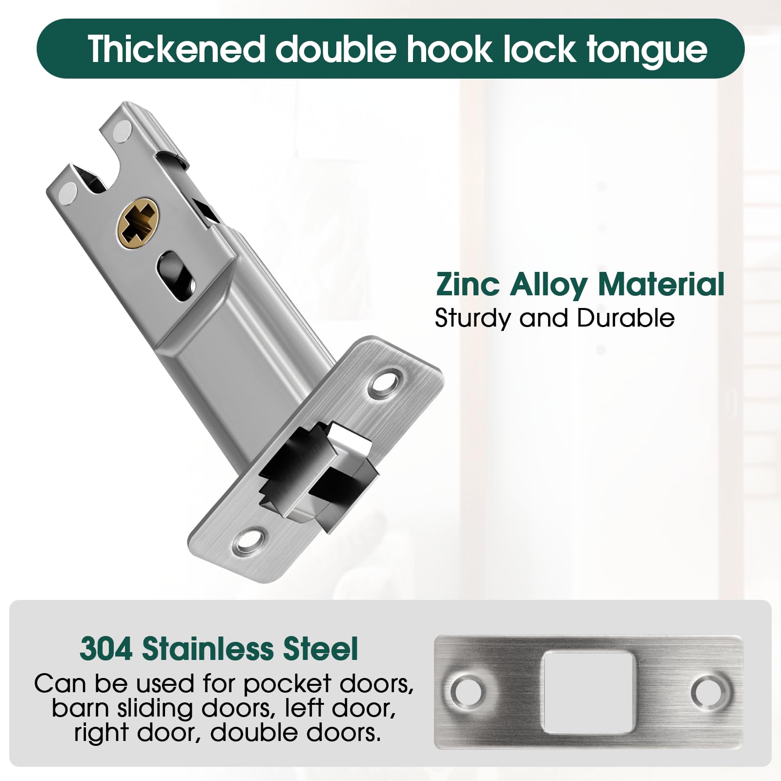 Square Pocket Door Lock - Satin Nickel Contemporary Privacy Sliding Door Hardware, Flush Mount Latch for Bedroom & Bathroom (2-3/8