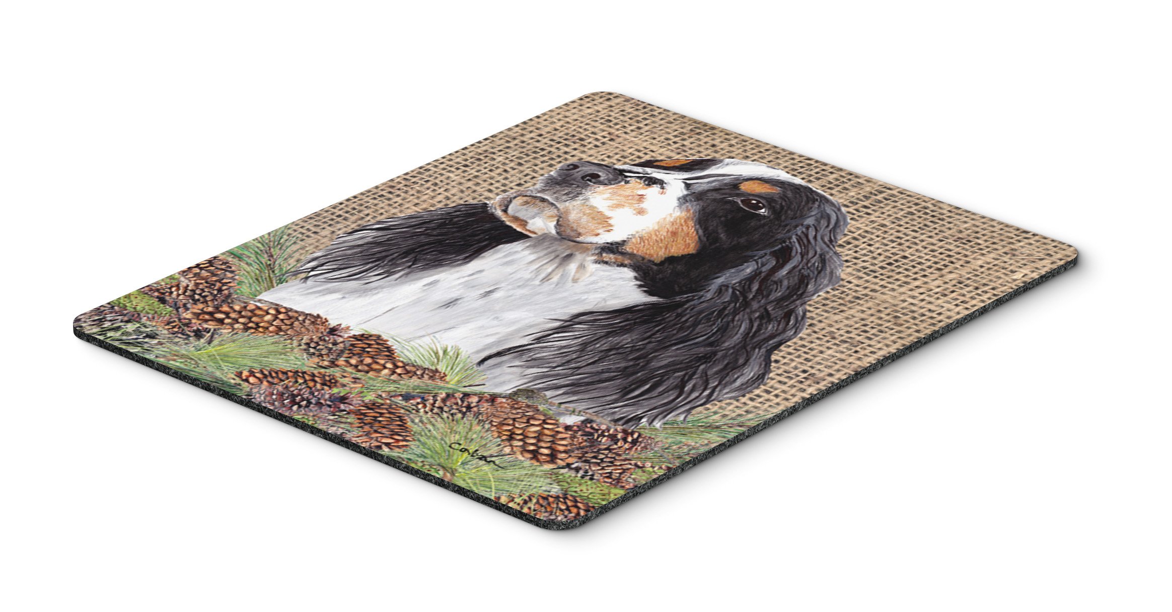 Springer Spaniel Faux Burlap & Pine Cones Mouse Pad - Washable Large Desk Mat for Home Office, Gaming & Computer Work | Heat-Resistant Hot Pad & Trivet for Kitchen Use