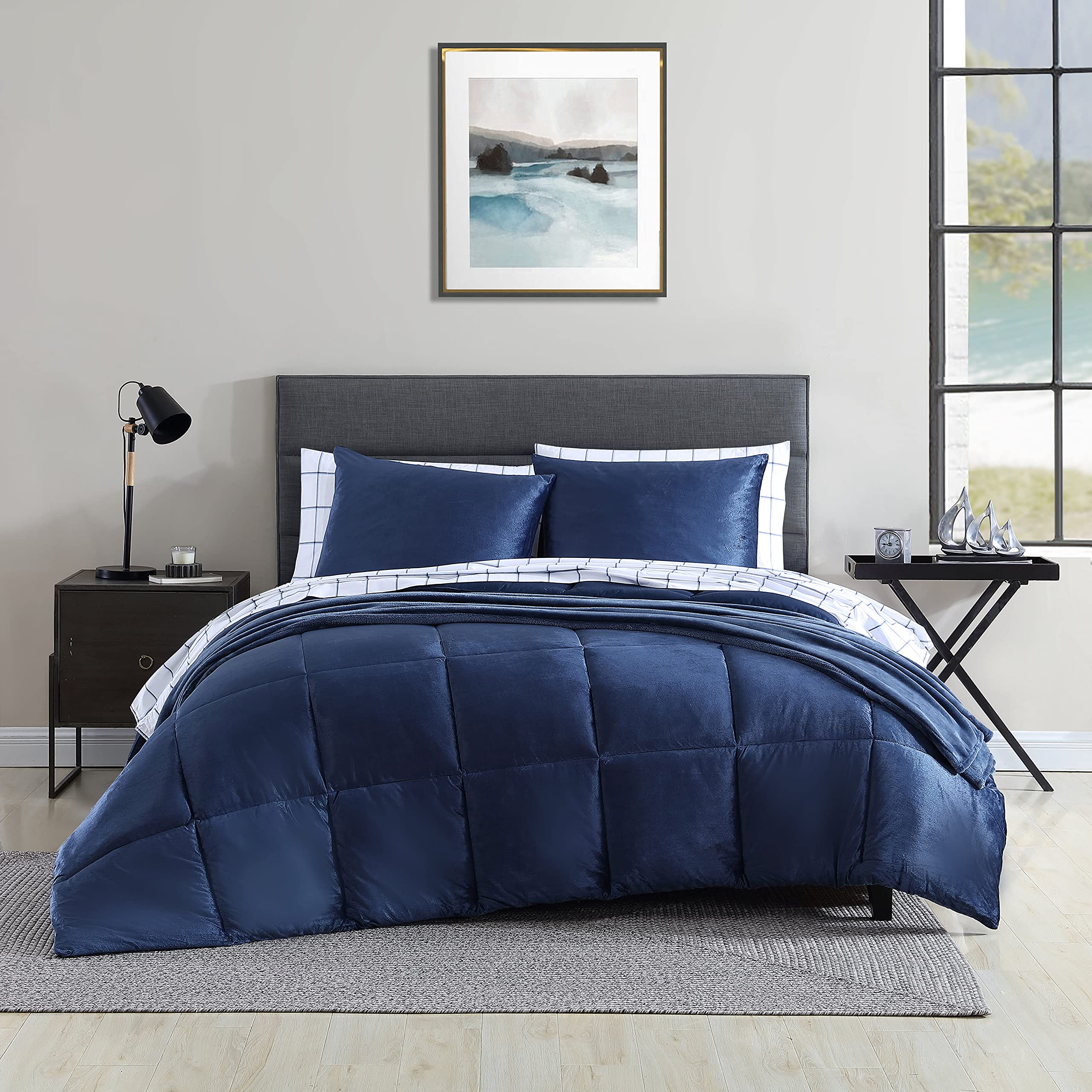 Nautica King Comforter Set - Reversible Micromink Bedding with Matching Sham | Ultra Soft & Cozy Home Decor in Bristol Navy | Perfect for Master Bedroom, Guest Room & Winter Warmth
