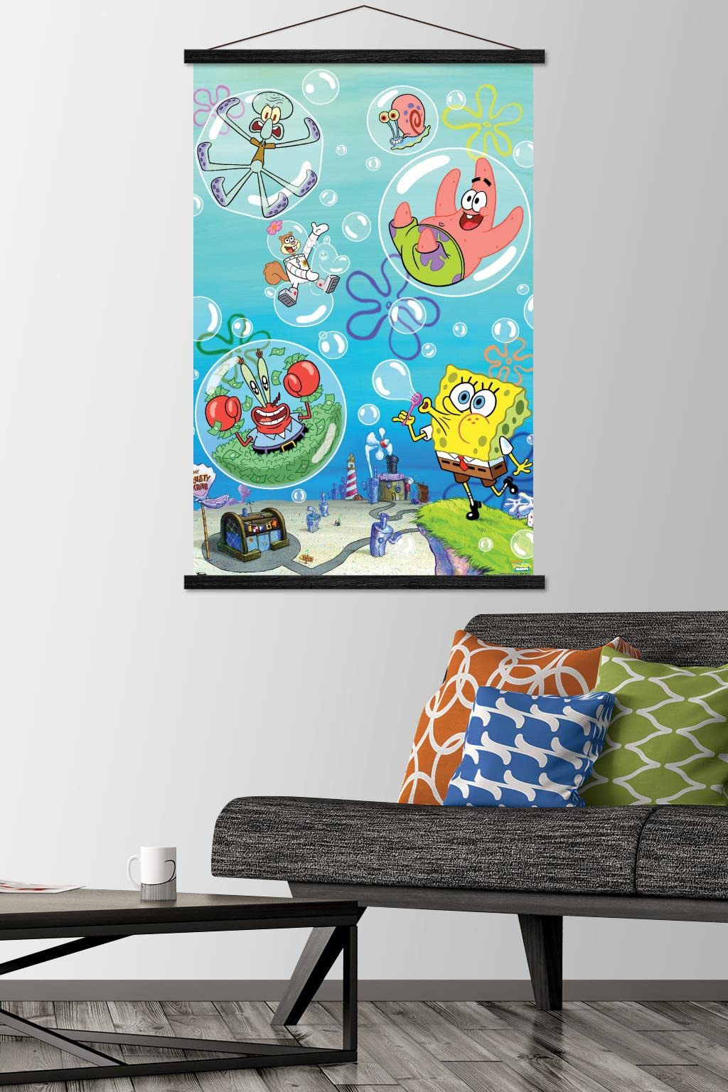 Trends International Nickelodeon SpongeBob SquarePants Bubbles Wall Poster - 22.37x34 Inch Premium Print with Black Hanger Bundle | Kids Room Decor, Cartoon Themed Bedroom, Playroom Wall Art