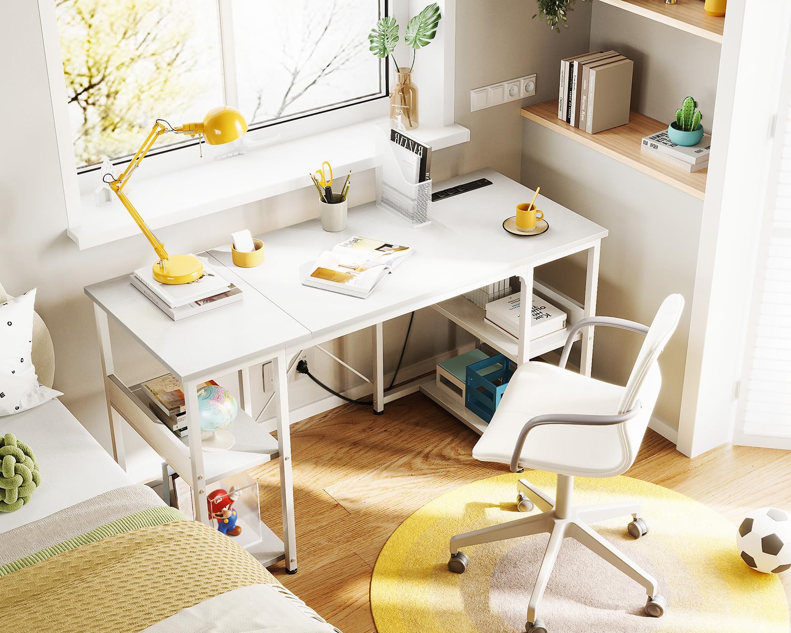 AODK 48 Inch Small Computer Desk with Power Outlets & USB Charging Port, Home Office Desk with Storage Shelves, Space-Saving Student Laptop Desk for Small Spaces - Perfect for Home Office, Study Room, Dorm & Kids Bedroom (White)