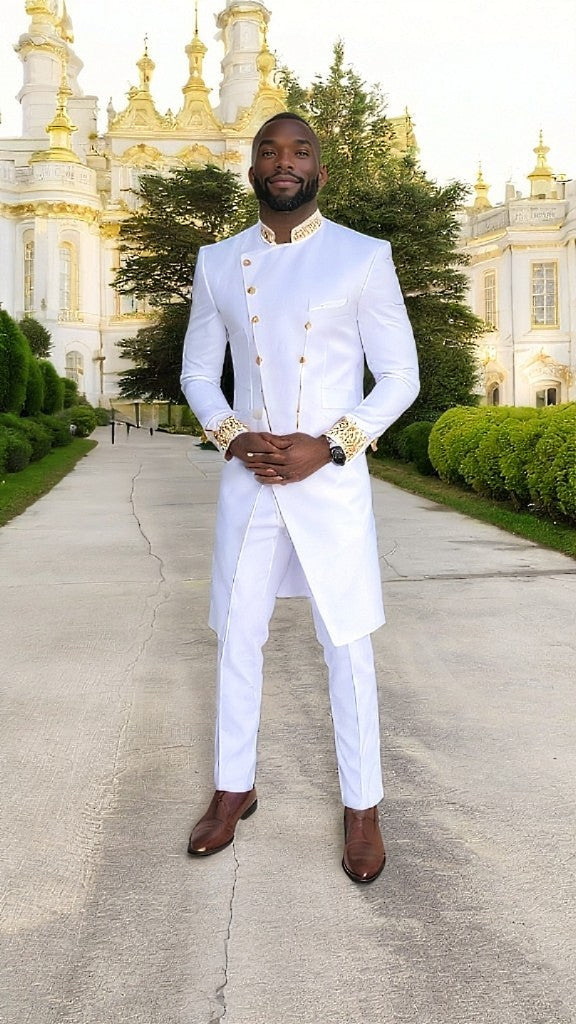 Regal White & Gold Embroidered African Suit Set for Men | Traditional Nigerian Wedding Attire | Elegant Idris Suit for Special Occasions & Cultural Events