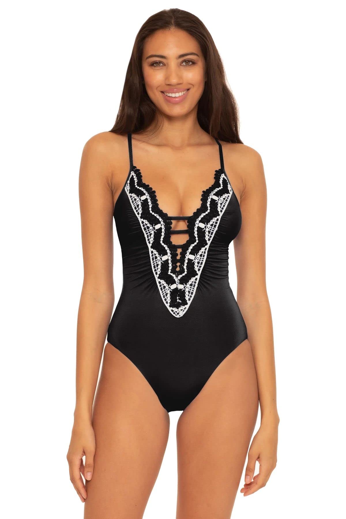 BECCA by Rebecca Virtue Delilah Clare Plunge One-Piece Swimsuit - Sexy High Cut Bathing Suit for Women, Perfect for Beach Vacations & Pool Parties