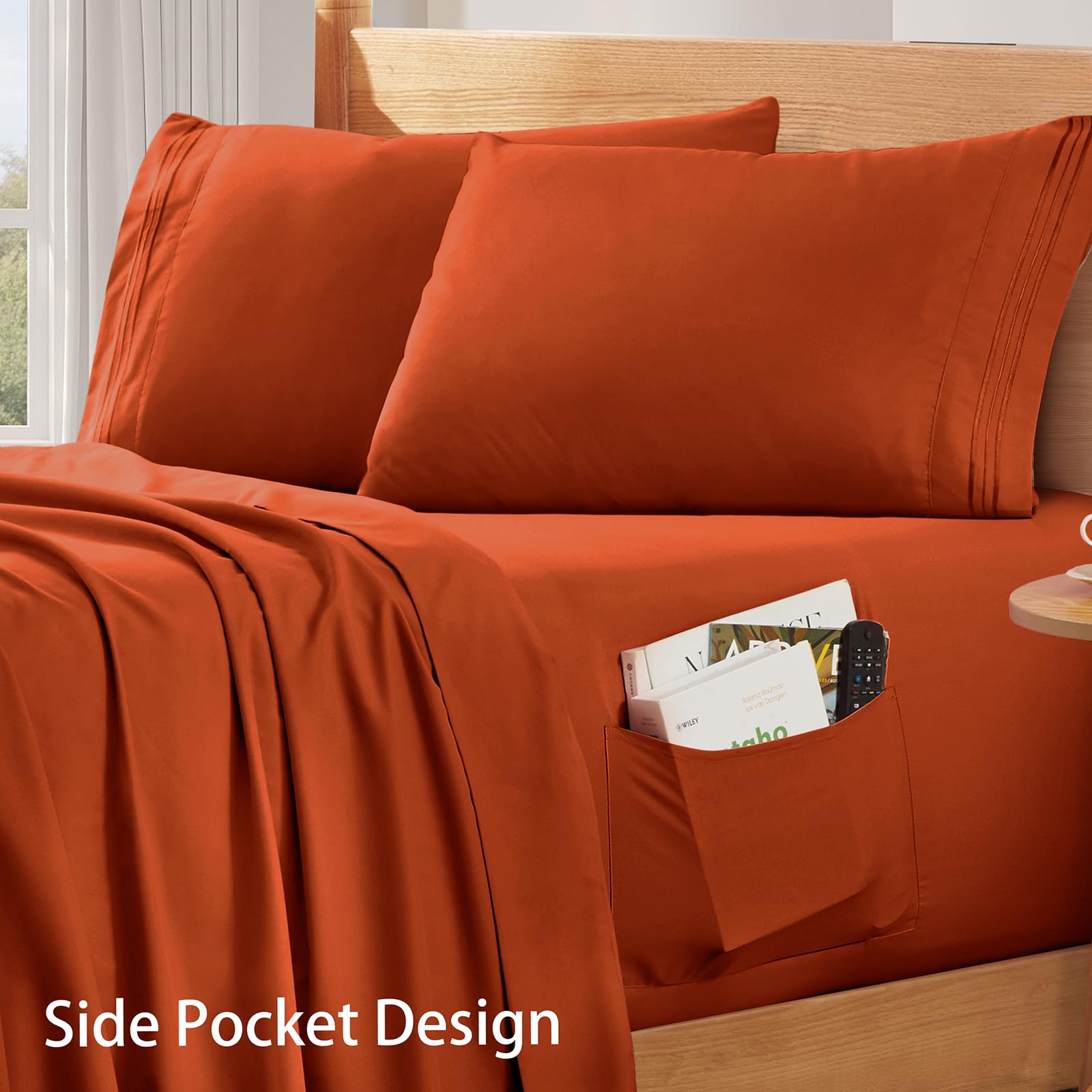 SiinvdaBZX Extra Deep Pocket Full Sheets Set - 4 Piece Soft 1800 Thread Count Fitted Sheet with Side Pocket - Fits Mattress Up to 24 Inches Thick - Burnt Orange Deep Pocket Sheets for Air Mattress - Perfect for Guest Beds, Dorm Rooms & Camping Trips
