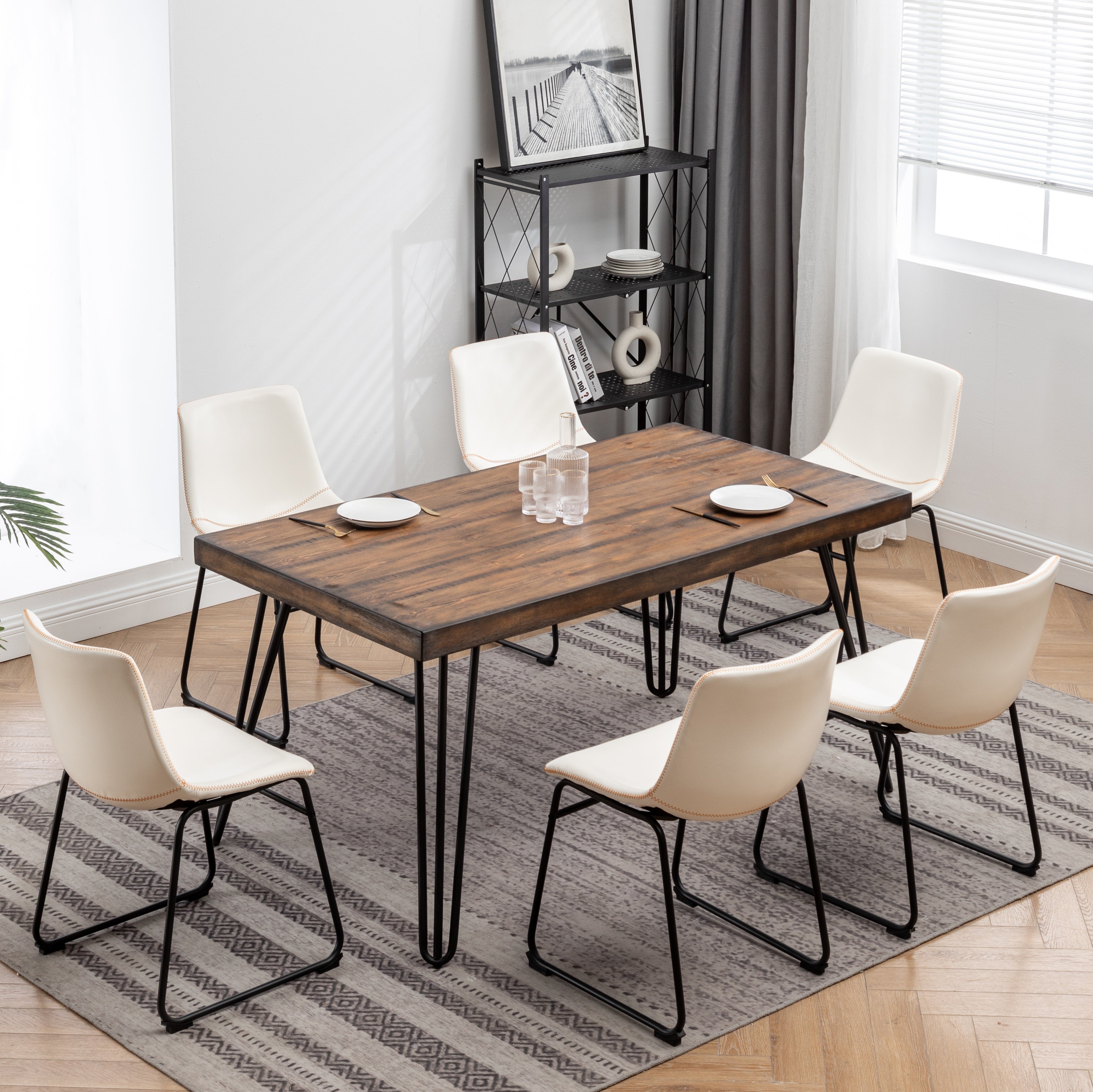 Roundhill Furniture Aryven 7-Piece Industrial Dining Set - Rustic Dark Pine Table & 6 Antique White Faux Leather Chairs for Kitchen, Dining Room, Restaurant or Cafe