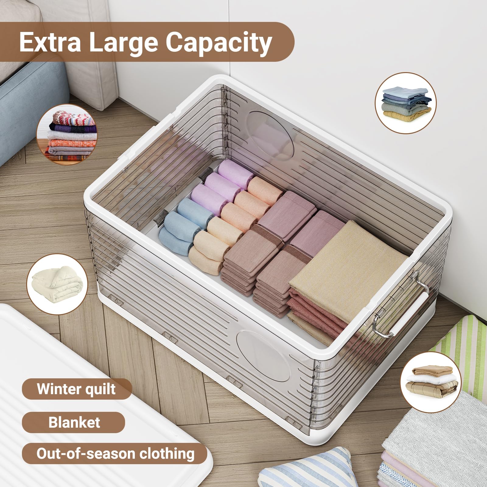 160 Qt Extra Large Plastic Stackable Storage Bins with Lids - 40 Gallon Clear Collapsible Heavy Duty Tote with Wheels - 3-Pack Space Saving Closet Organizer & Home Office Storage Boxes - Perfect for Clothes, Toys, Seasonal Items & Garage Organization