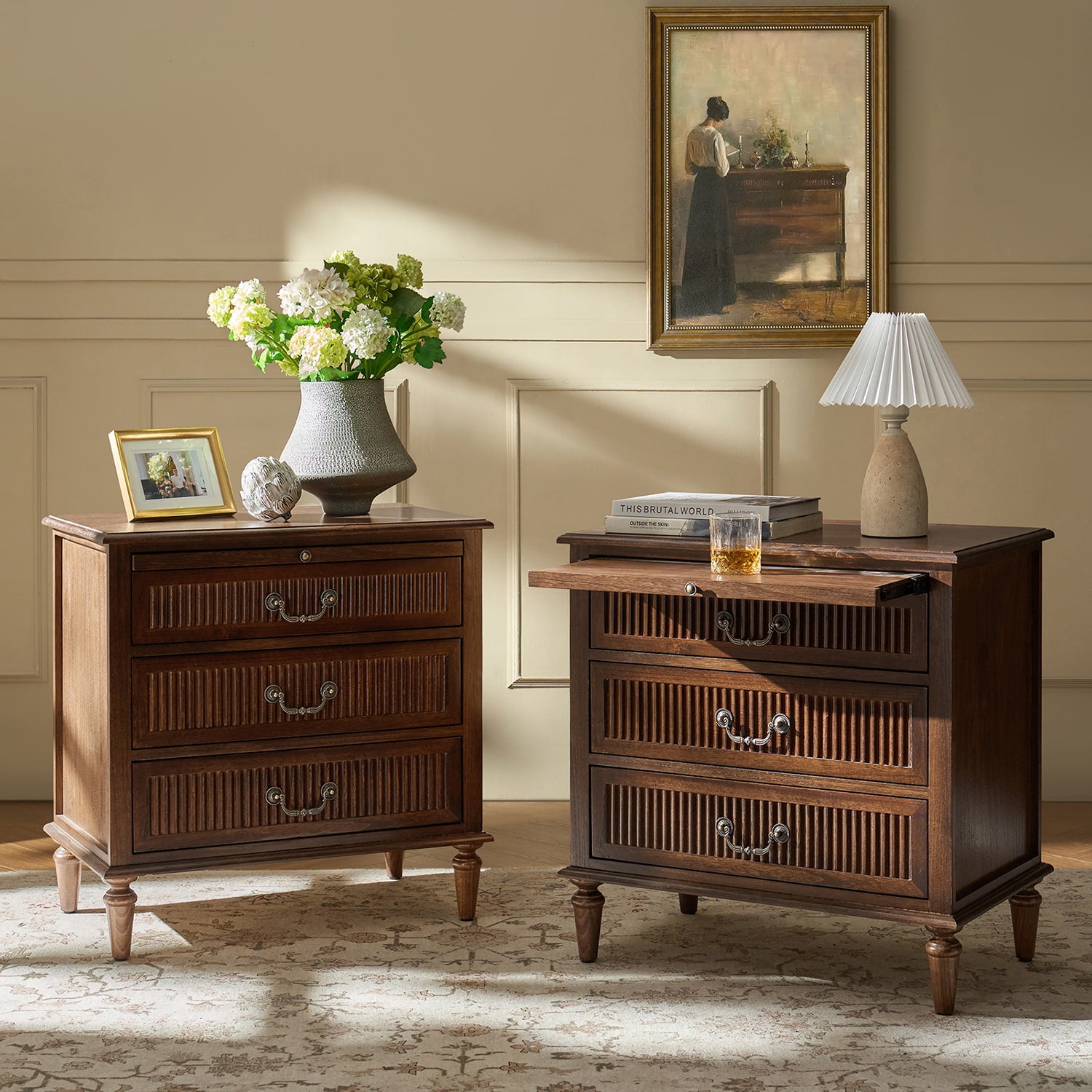 Farmhouse Solid Wood Nightstand with Fluted Drawer - Rustic Bedside Table with Optional Storage Drawer - Perfect for Bedroom, Guest Room, or Cabin Decor