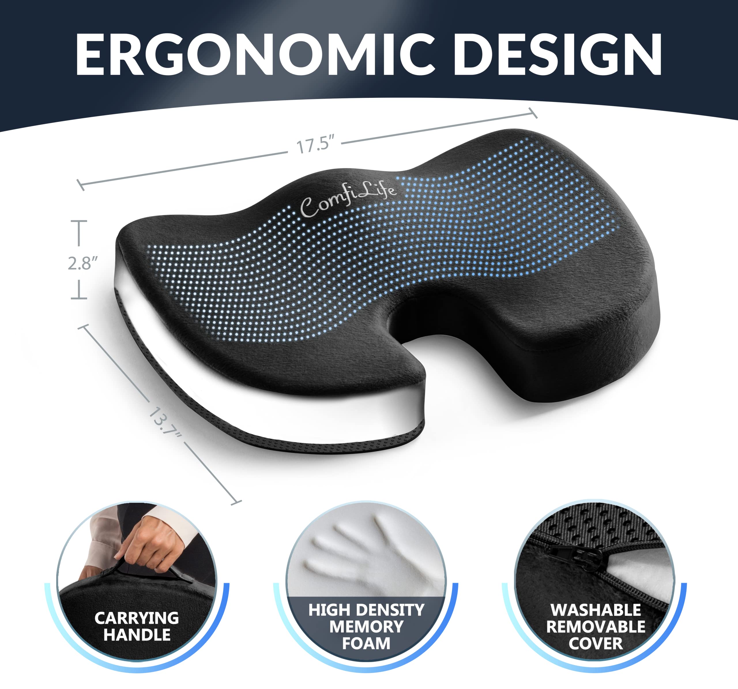 ComfiLife Premium Gel & Memory Foam Seat Cushion for Office Chair & Car - Orthopedic Support for Back Pain & Sciatica Relief - Doctor Recommended Ergonomic Seat Cushion for Desk Work, Long Driving & Home Use (Black)