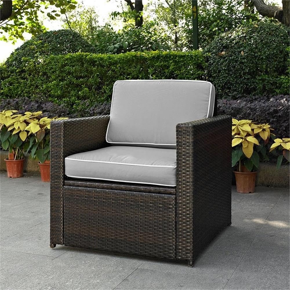 Pemberly Row Wicker Patio Arm Chair with Gray Cushions - Outdoor Lounge Chair for Garden, Poolside & Backyard Relaxation