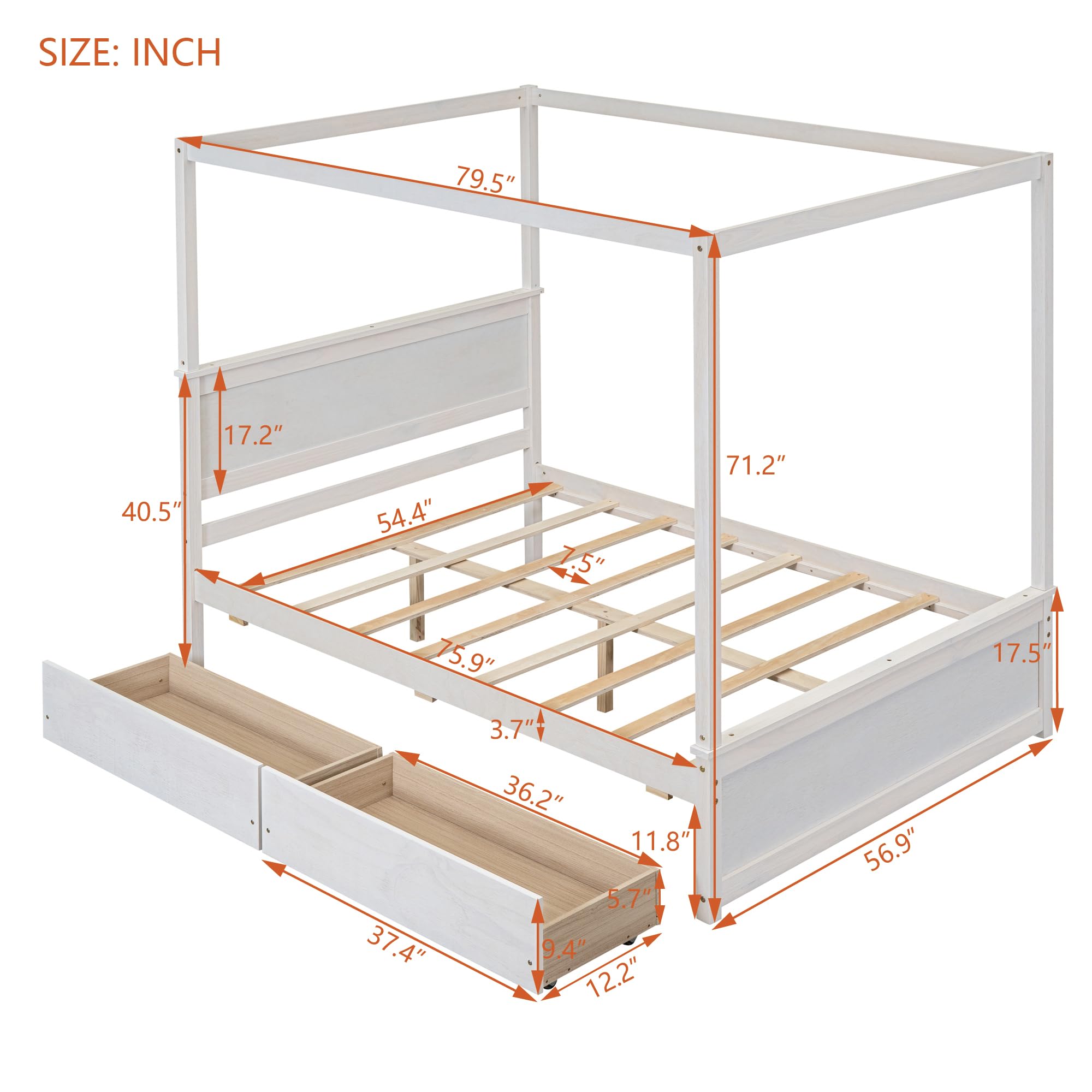 Polibi Full Size Canopy Bed Frame with 2 Storage Drawers - Solid Wood Four Poster Design with Headboard - No Box Spring Needed in White - Perfect for Master Bedroom, Guest Room & Bohemian Bedroom Decor