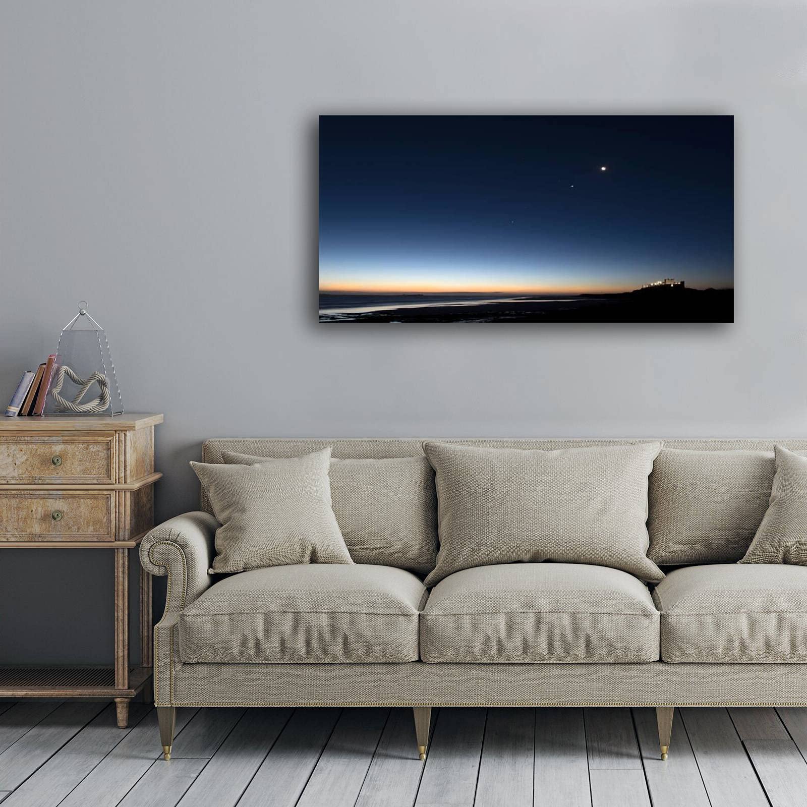 Northumberland Beach & Bamburgh Castle Night Sky Canvas Wall Art - Framed Giclee Painting Print, Ready to Hang for Home & Office Decor | Coastal Landscape Wall Decor for Living Room, Bedroom, Office