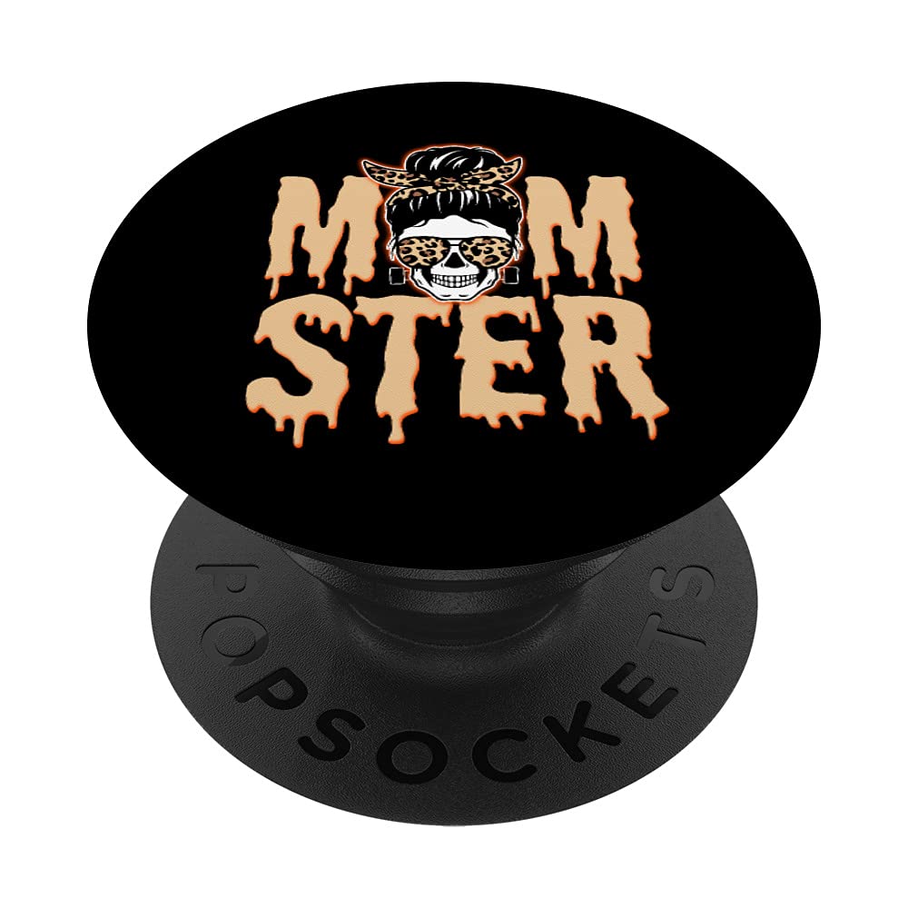 Monster Skull Mom Halloween PopSockets Swappable PopGrip - Orange Leopard Print Phone Grip & Stand for iPhone, Samsung - Perfect for Halloween Parties, Cosplay & Everyday Use