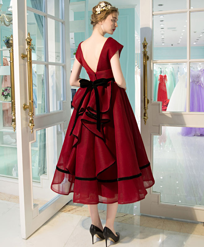 Elegant Burgundy V-Neck Tea Length Prom Dress | Formal Evening Gown for Homecoming, Wedding Guest & Special Occasions