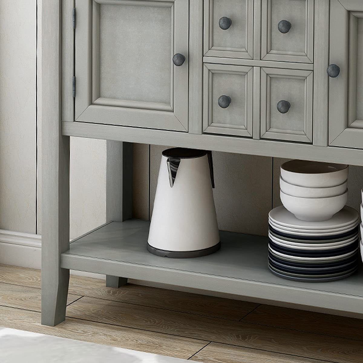Modern Solid Wood Console Table with 6 Drawers - Retro Buffet Cabinet for Dining & Living Room