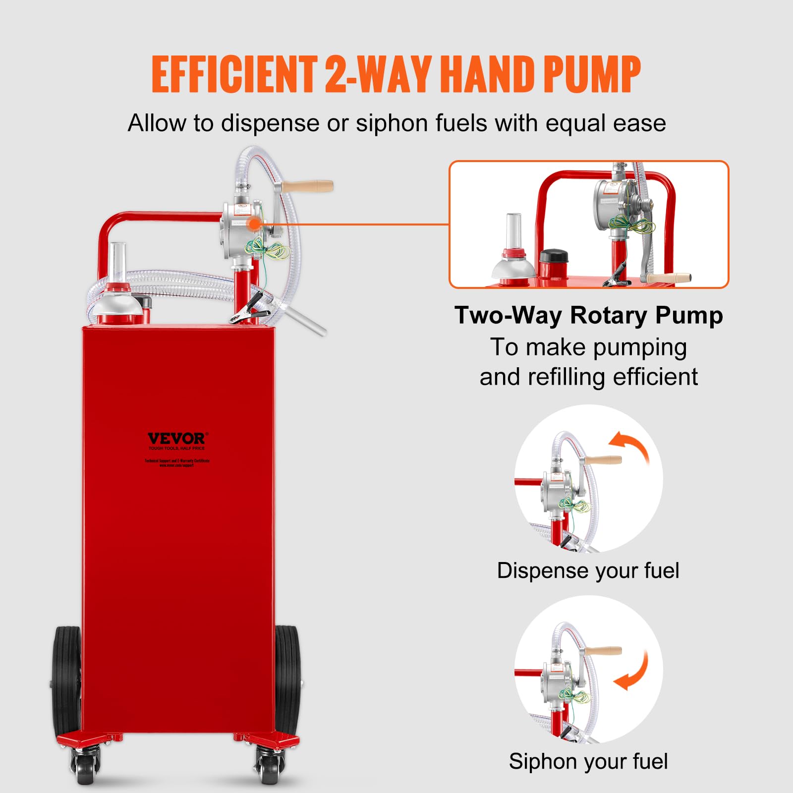 VEVOR 35 Gallon Gas Caddy with Manual Pump - Portable Fuel Storage Tank on Wheels for Gasoline & Diesel - Perfect for Cars, Lawn Mowers, ATVs, Boats & Outdoor Equipment - Red (Ideal for Garage, Farm, Construction Sites & Emergency Fuel Storage)