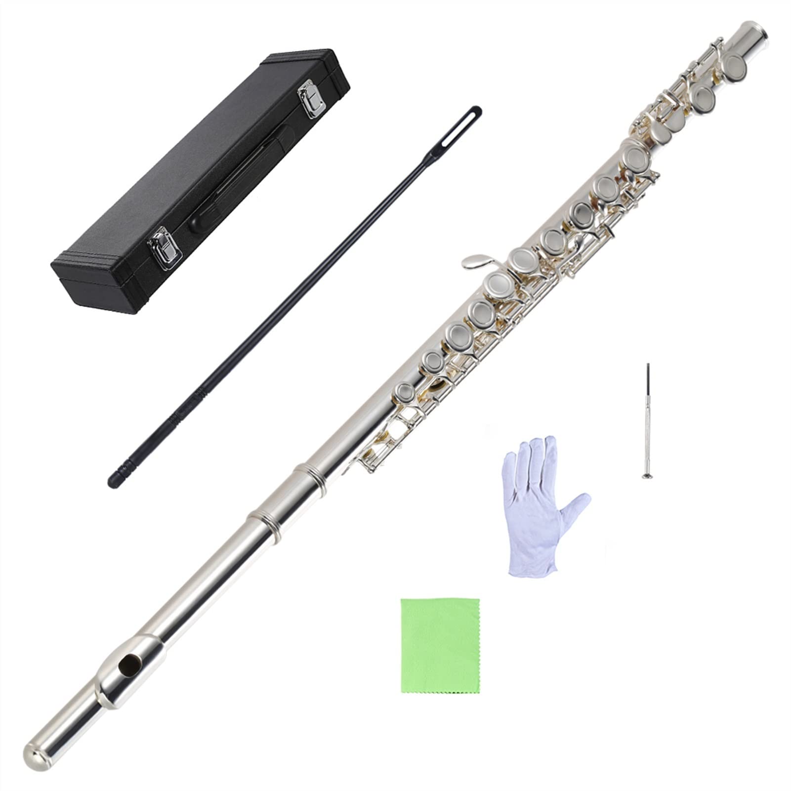 KLKL Silver Plated Cupronickel 16-Hole Closed Hole Concert Flute with Carrying Case - Beginner & Student Wind Instrument for School Band, Music Class & Performance Practice