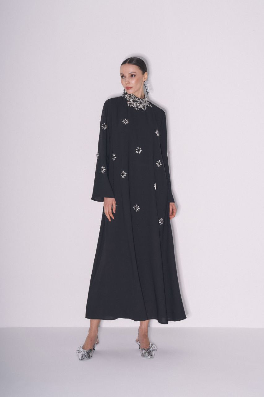 Elegant Yoshi Abaya with Embellished Crystal Collar - Modest Muslim Dress for Women | Perfect for Eid, Weddings & Special Occasions