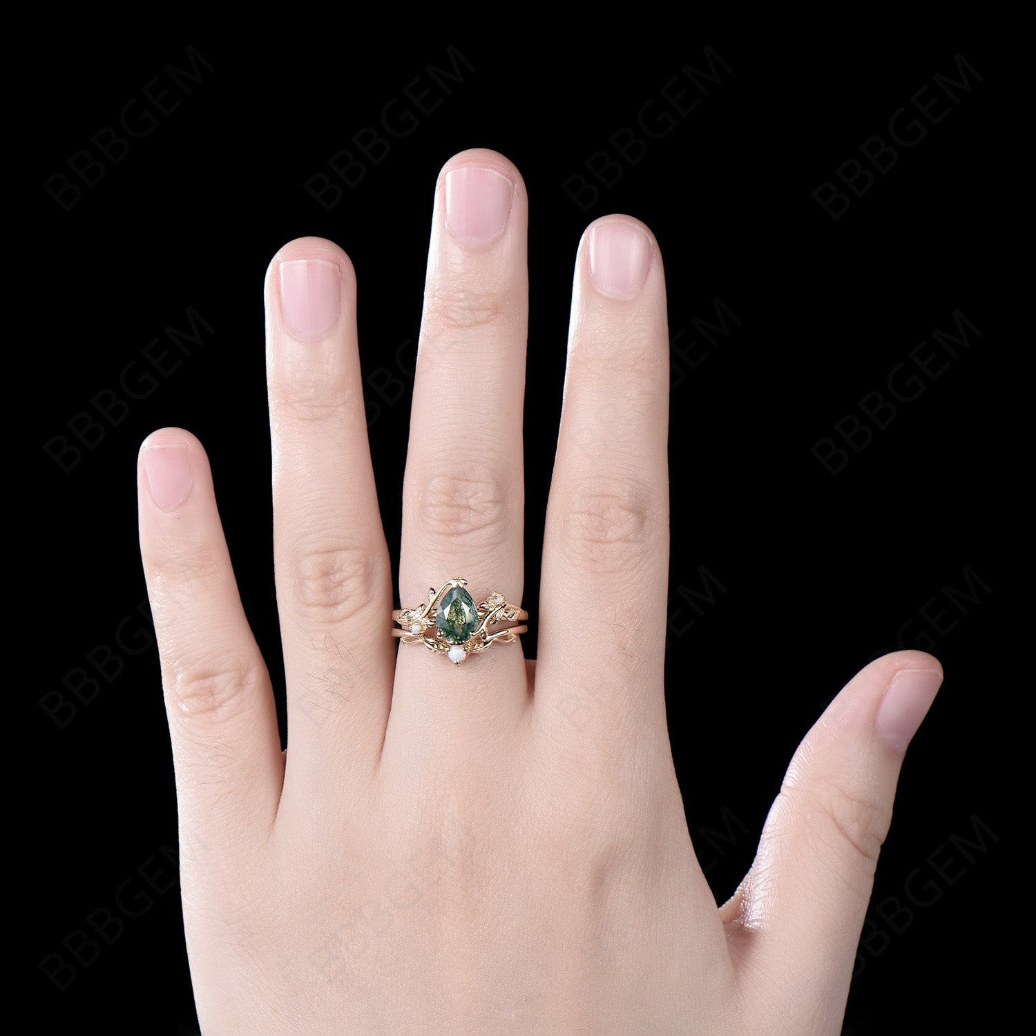 Nature Inspired Twig Leaf Pear Moss Agate Engagement Ring Set - Handcrafted Sterling Silver Wedding Band for Women - Perfect for Outdoor Weddings & Nature-Themed Proposals