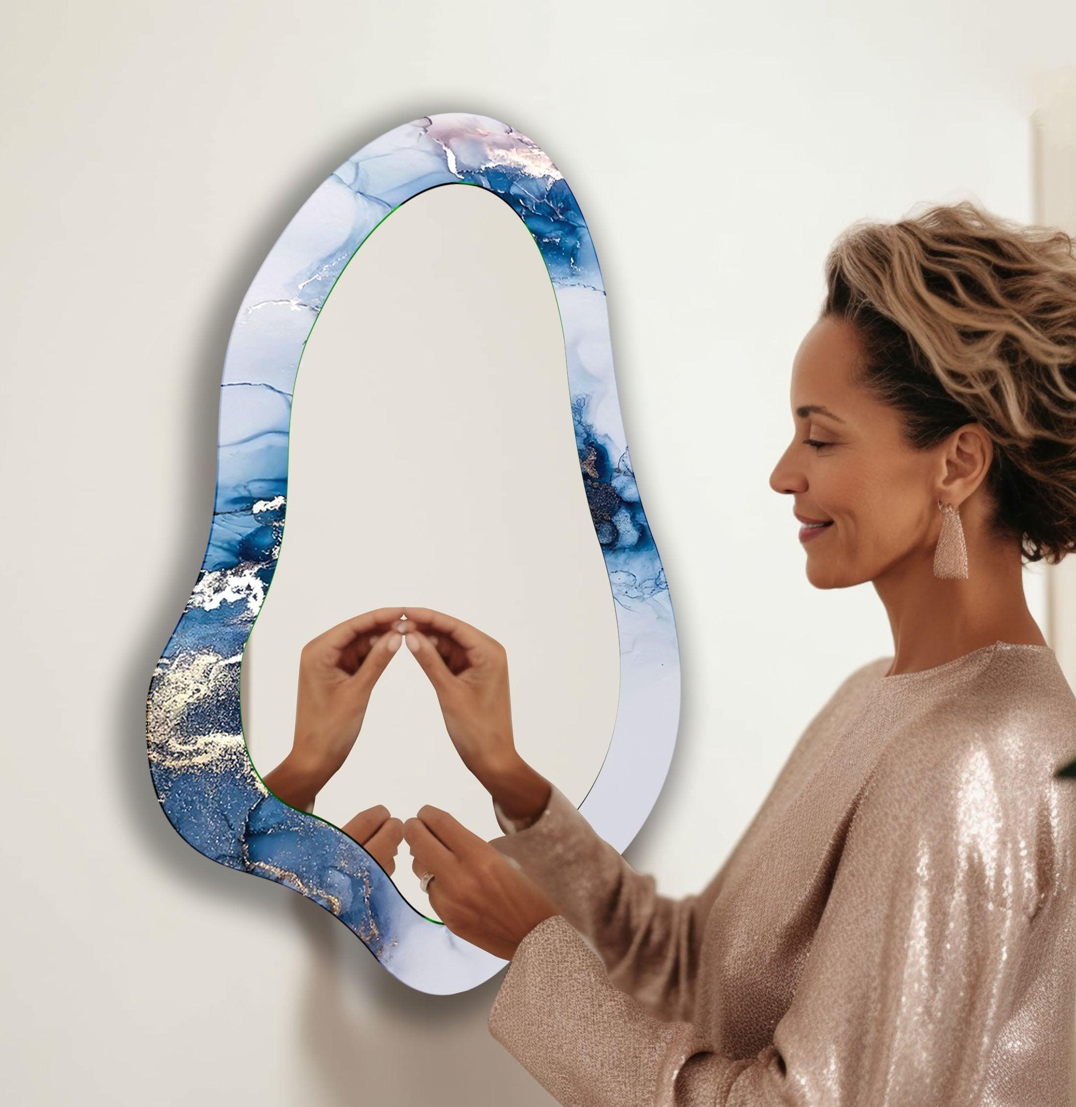 Blue Alcohol Ink Irregular Shaped Wall Mirror - Unique Handmade Decorative Mirror for Living Room, Bedroom, or Bathroom