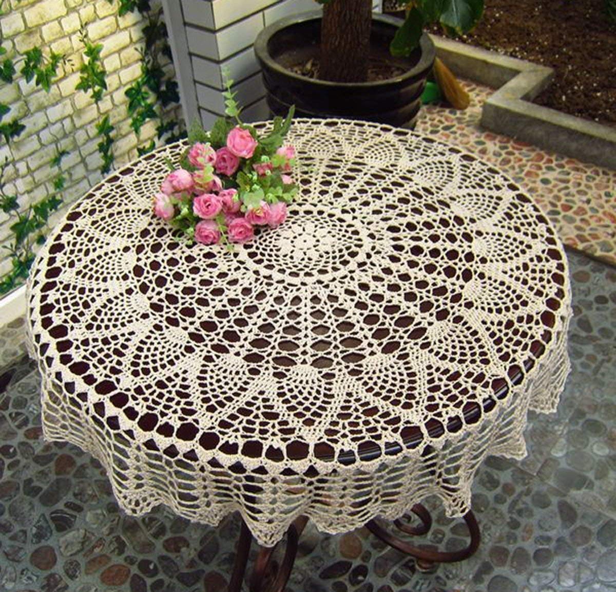 Handmade 40-inch Beige Crochet Cotton Round Tablecloth - Elegant Wedding Decor, Perfect for Dining Tables, Tea Parties & Boho Home Decor